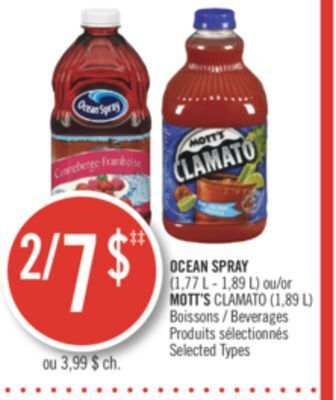 Pharmaprix Ocean spray (1,77 l - 1,89 l) or mott's clamato (1,89 l) beverages offer