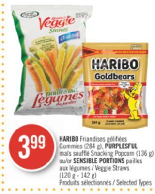 Pharmaprix Haribo (284 g), purplesful snacking popcorn (136 g) or sensible portions veggie straws (120 g - 142 g) offer