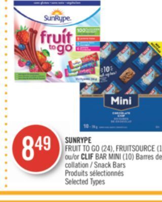 Pharmaprix Sunrype fruit to go (24), fruitsource (12 or clif bar mini (10) snack bars offer