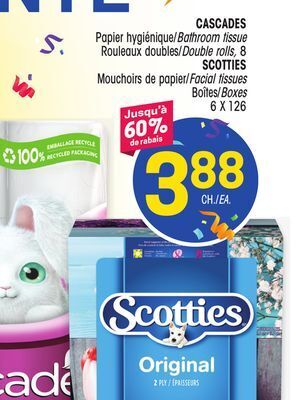 Uniprix Cascades papier hygiénique/bathroom tissue rouleaux doubles/double rolls, 8 scotties mouchoirs de papier/facial offer