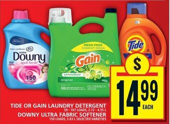 Food Basics TIDE OR GAIN LAUNDRY DETERGENT 59-107 LOADS, 2.72 -4.55L, DOWNY ULTRA FABRIC SOFTENER 150 LOADS, 3.83L offer