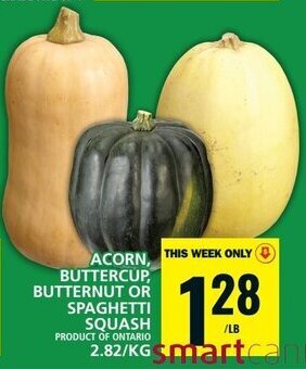 Food Basics ACORN, BUTTERCUP, BUTTERNUT OR SPAGHETTI SQUASH 2.82/KG offer