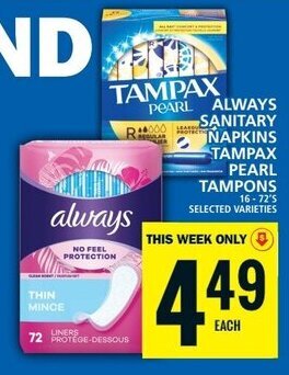 Food Basics ALWAYS SANITARY NAPKINS TAMPAX PEARL TAMPONS offer