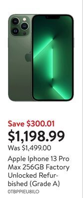 Walmart Apple iphone 13 pro max 256gb factory unlocked refurbished (grade a) offer