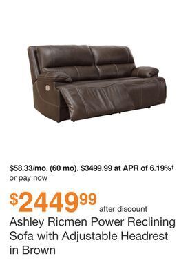 Ashley Furniture Ashley ricmen power reclining sofa with adjustable headrest in brown offer