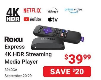 Visions Electronics Roku express 4k hdr streaming media player offer