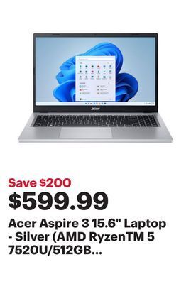 Best Buy Acer aspire 3 15.6 laptop - silver (amd ryzentm 5 7520u/512gb ssd/16gb ram/windows 11 home) offer
