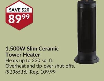 Princess Auto 1,500w slim ceramic tower heater offer