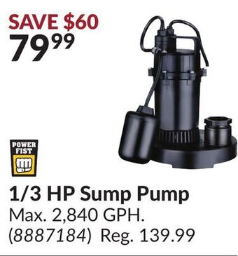 Princess Auto 1/3 hp sump pump offer