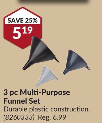 Princess Auto Flotool 3 pc multi-purpose funnel set offer