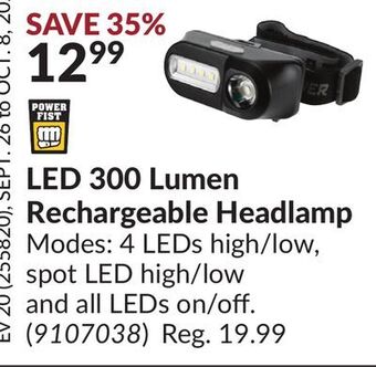 Princess Auto Led 300 lumen rechargeable headlamp offer