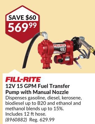 Princess Auto 12v 15 gpm fuel transfer pump with manual nozzle offer