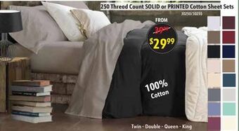 Oxford Mills 250 thread count solid or printed cotton sheet sets offer