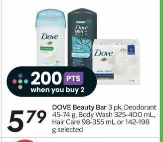 Sobeys DOVE Beauty Bar 3 pk, Deodorant 45-74 g, Body Wash 325-400 mL, Hair Care 98-355 mL or 142-198 g selected offer