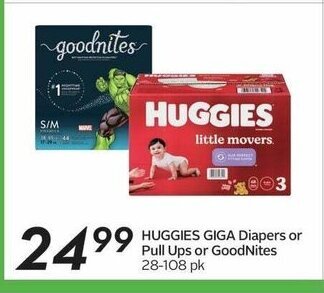 Sobeys HUGGIES GIGA Diapers or Pull Ups or GoodNites 28-108 pk offer