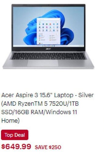 Best Buy Acer Aspire 3 15.6" Laptop - Silver offer