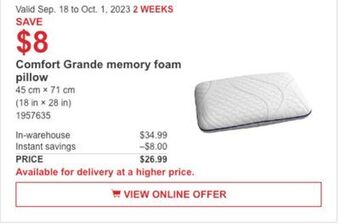 Costco Comfort grande memory foam pillow offer