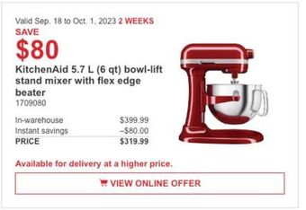 Costco Kitchenaid 5.7 l (6 qt) bowl-lift stand mixer with flex edge beater offer