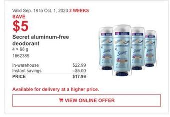 Costco Secret aluminum-free deodorant offer