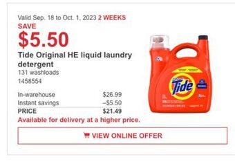 Costco Tide original he liquid laundry detergent offer