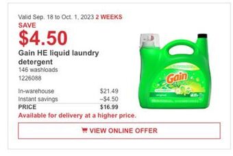 Costco Gain he liquid laundry detergent offer