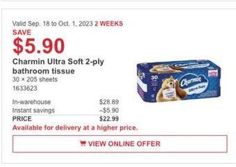 Costco Charmin ultra soft 2-ply bathroom tissue offer