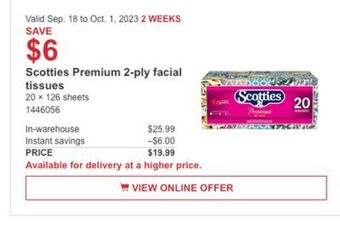 Costco Scotties premium 2-ply facial tissue offer