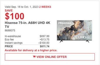 Costco Hisense 75-in. a68h uhd 4k tv offer