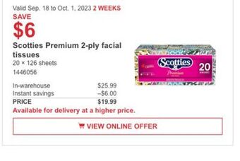 Costco Scotties premium 2-ply facial tissues offer