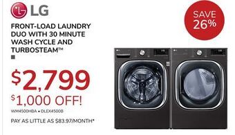 Goemans Appliances Lg front-load laundry duo with 30 minute wash cycle and turbosteam offer