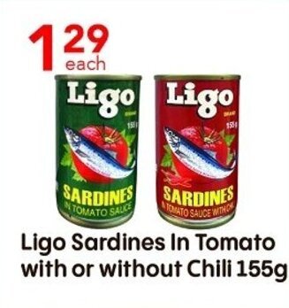Lucky Supermarket Ligo Sardines In Tomato with or without Chili 155g offer
