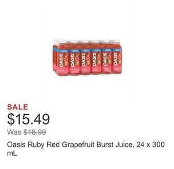 Costco Oasis ruby red grapefruit burst juice, 24 x 300 ml offer