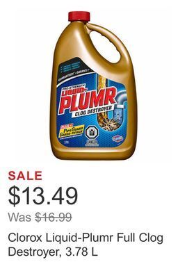 Costco Clorox liquid-plumr full clog destroyer, 3.78 l offer
