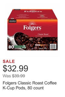 Costco Folgers classic roast coffee k-cup pods, 80 count offer