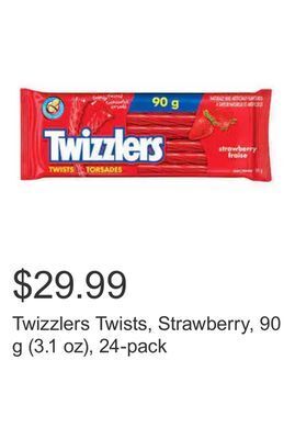 Costco Twizzlers twists, strawberry, 90 g (3.1 oz), 24-pack offer
