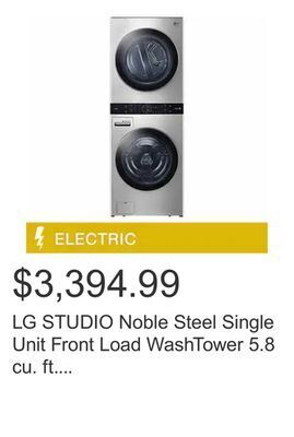 Costco Lg studio noble steel single unit front load washtower 5.8 cu. ft. steam washer and 7.4 cu. ft. electric steam dryer offer