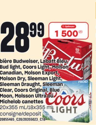 Provigo Bière budweiser, labatt bleu, bud light, coors light, molson canadian, molson export, molson dry, sleeman light, sleeman drau offer