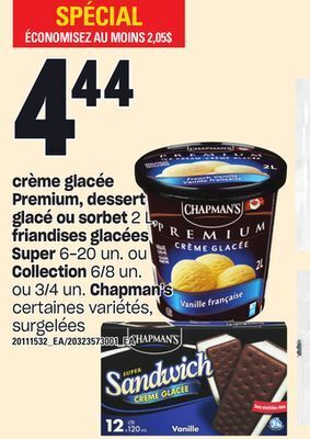 Provigo Crème glacée premium, dessert glacé ou sorbet 2 l friandises glacées super 6-20 un. ou collection 6/8 un. ou 3/4 un. chapman' offer