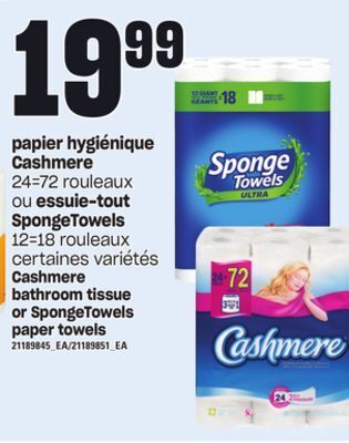 Provigo Papier hygiénique cashmere 24=72 rouleaux ou essuie-tout spongetowels 12=18 rouleaux offer