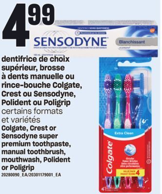Provigo Dentifrice de choix supérieur, brosse à dents manuelle ou rince-bouche colgate, crest ou sensodyne, polident ou poligrip offer