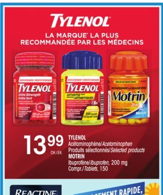 Uniprix Tylenol acétaminophène/acetaminophen produits sélectionnés/selected products motrin ibuprofène/ibuprofen, compr./tablets offer