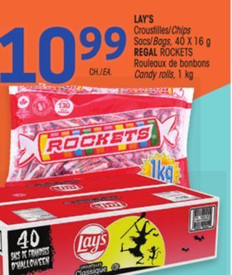 Uniprix Lay's croustilles/chips sacs/bags, regal rockets rouleaux de bonbons/ candy rolls offer