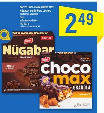 Maxi Barres choco max, muffin max, nügabar ou go pure leclerc, 140-223 g offer