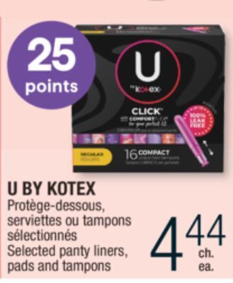 Jean Coutu U by kotex selected panty liners, pads and tampons offer