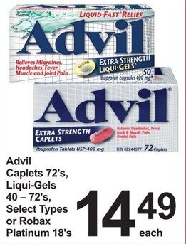Pharmasave Advil Caplets 72's, Liqui-Gels 40-72's, Select Types or Robax Platinum 18's offer
