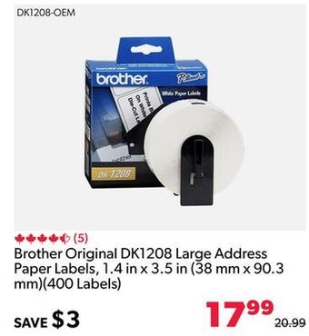 Shopper+ Brother original dk1208 large address paper labels, 1.4 in x 3.5 in (38 mm x 90.3 mm)(400 labels) offer