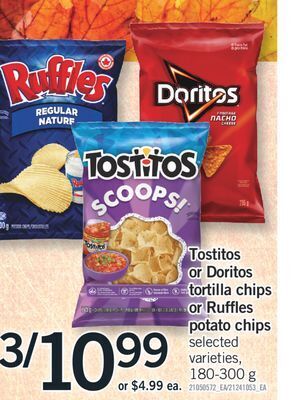 Fortinos Tostitos or doritos tortilla chips or ruffles potato chips, 180-300 g offer