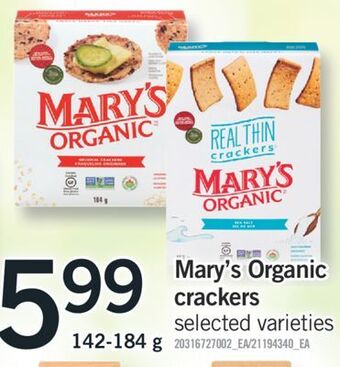 Fortinos Mary's organic crackers, 142-184 g offer