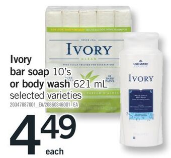 Fortinos Ivory bar soap 10' s or body wash 621 ml offer