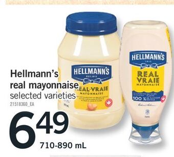 Fortinos Hellmann's real mayonnaise, 710-890 ml offer